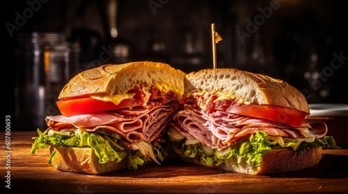 mouth-watering deli ham sandwich with lettuce, tomato, cheese, and condiments on a rustic table setting photo
