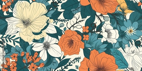 AI Generated. AI Generative. Vintahe retro hand drawn flowers pattern in boho style. Graphic Art