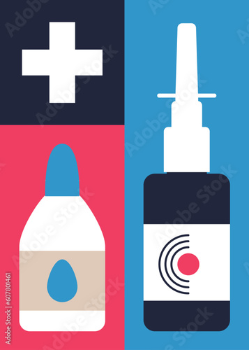 A set of illustrations about colds and viral diseases. Treating the symptoms of a viral infection. Means for the treatment of the common cold: spray and drops. Modular flat style illustration.