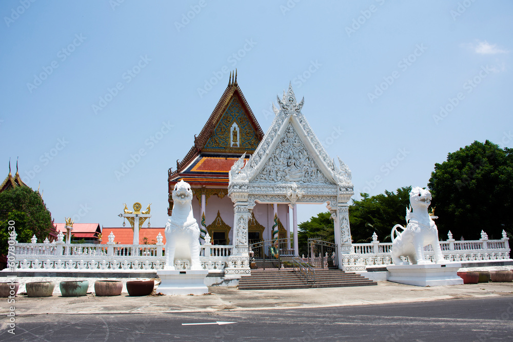 Ancient ubosot ordination hall or antique old church for thai people travelers travel visit and respect praying blessing wish buddha holy worship at Wat Don Khanak temple in Nakhon Pathom, Thailand