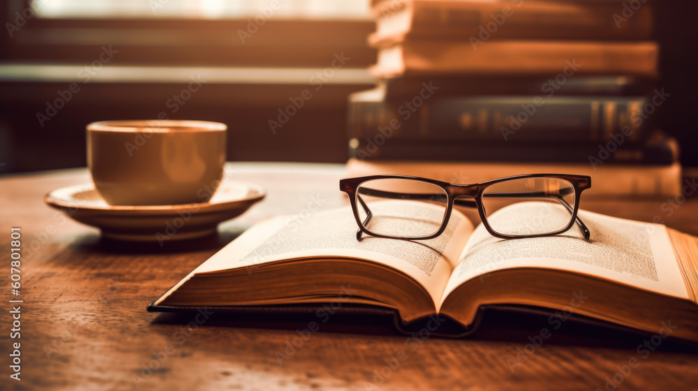 Reading Glasses Resting on a Book, Next to a Cup of Coffee on a Table, Generative AI Reading Glasses Resting on a Book, Next to a Cup of Coffee on a Table, Generative AI