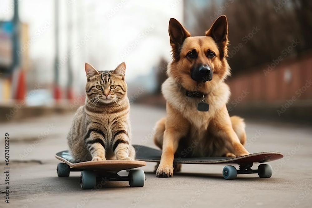 friends skateboarders a cat and a dog ride down street together on skateboards in summer. Generative AI
