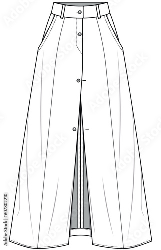 womens high waist button front long maxi skirt flat sketch vector illustration technical cad drawing template