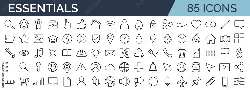 Set of 85 of minimalist and simple essential icons. Vector illustration. Suitable for Web Page, Mobile App, Web, Print. Editable stroke.