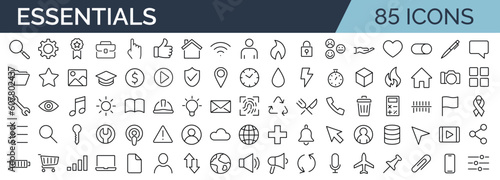 Set of 85 of minimalist and simple essential icons. Vector illustration. Suitable for Web Page, Mobile App, Web, Print. Editable stroke.