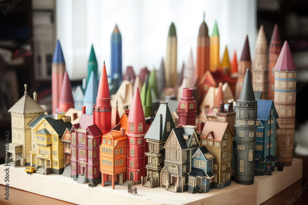 Model of houses painted with colored pencils. Children's creativity. Model of houses painted with colored pencils. Children's creativity.