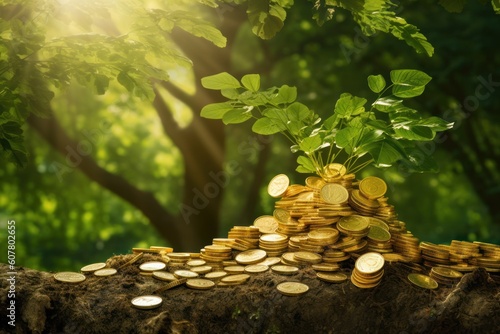 Money tree of good luck and Feng Shui made of golden coins in green forest. Capital growth, investment, saving money, economy, finance and business concept