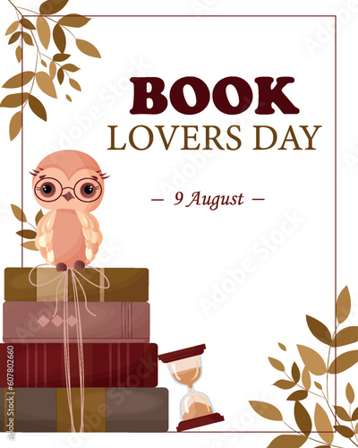World Book Day. August 9th. A stack of books, textbooks and an owl. Bookstore promotional banner, poster and printable card
