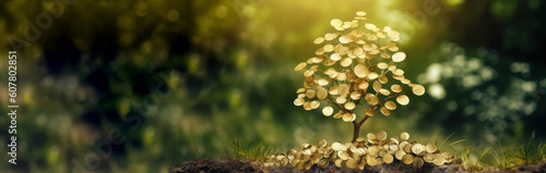Money tree of good luck and Feng Shui made of golden coins in green forest. Capital growth, investment, saving money, economy, finance and business concept