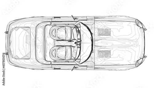 Luxury convertible car. Coloring pages for adults drawing. Line art picture. Car cabriolet with outlines. Vector illustration vehicle. Black contour sketch illustrate Isolated on white background..