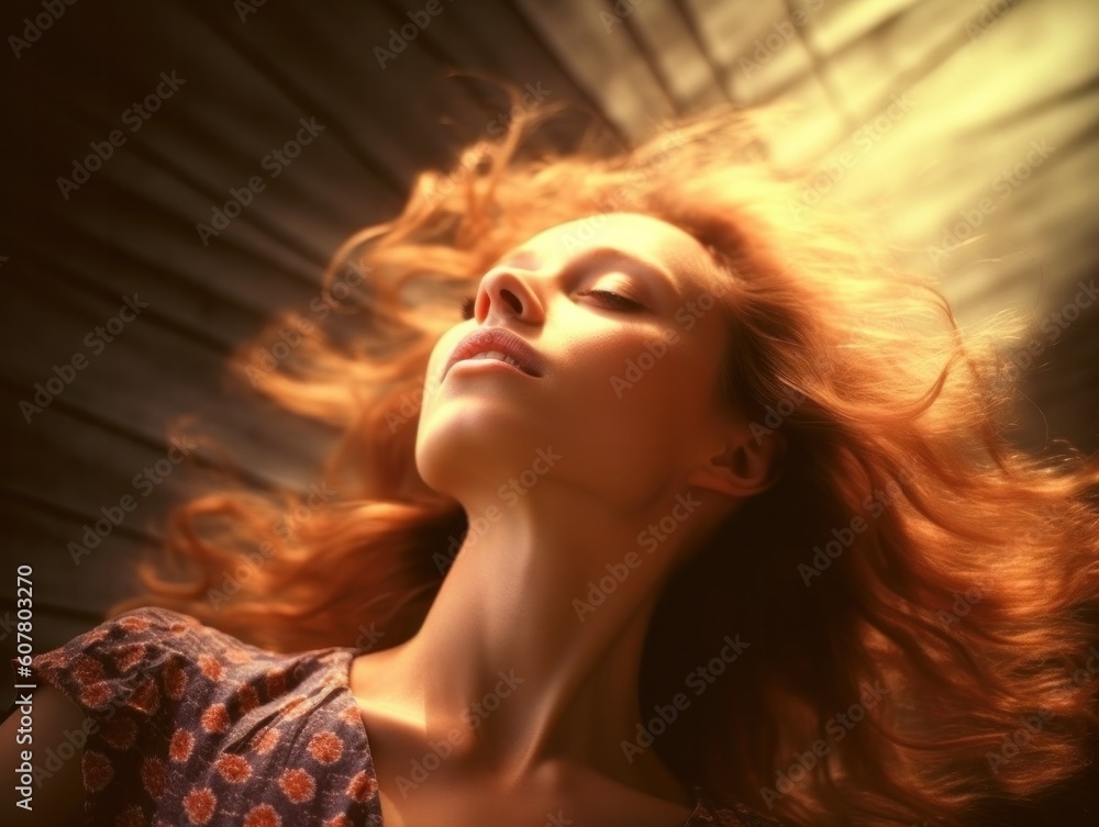 portrait of beautiful young red haired woman in her 30s with intense dramatic light, generative ai