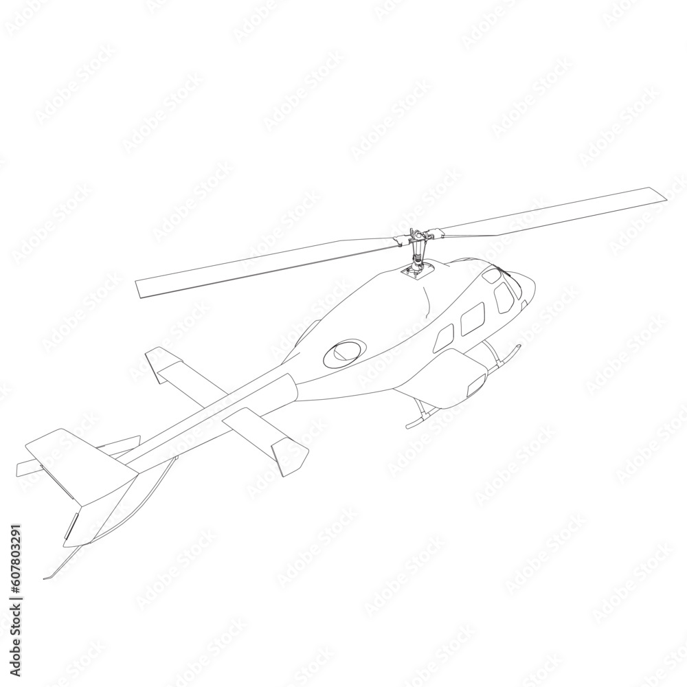 Helicopter detailed outline. Vector isolated on a white background. Adult military helicopter coloring page for book. Copter and Aircraft. Vector illustration. Black contour sketch illustrate.