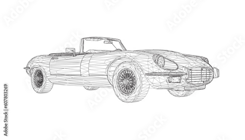 Luxury convertible car. Coloring pages for adults drawing. Line art picture Car cabriolet with outlines. Vector illustration vehicle. Black wireframe sketch illustrate Isolated on white background. 3D