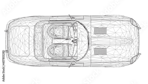Luxury convertible car. Coloring pages for adults drawing. Line art picture Car cabriolet with outlines. Vector illustration vehicle. Black wireframe sketch illustrate Isolated on white background. 3D