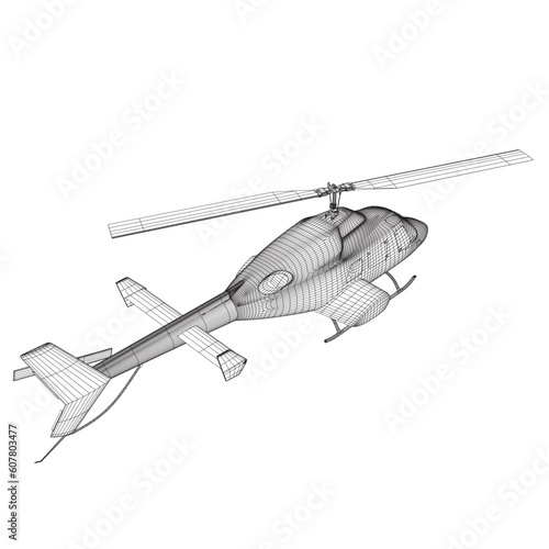 Helicopter detailed wireframe. Vector isolated on a white background. Adult military helicopter coloring page for book. Copter and Aircraft. Vector illustration. Black wireframe illustrate. 3D..