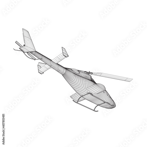 Helicopter detailed wireframe. Vector isolated on a white background. Adult military helicopter coloring page for book. Copter and Aircraft. Vector illustration. Black wireframe illustrate. 3D..