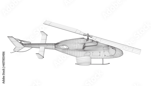 Helicopter detailed wireframe. Vector isolated on a white background. Adult military helicopter coloring page for book. Copter and Aircraft. Vector illustration. Black wireframe illustrate. 3D..