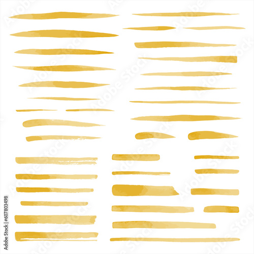Mustard yellow vector watercolor brush strokes set, collection. Uneven lines, rectangle stripes, underlines, doodle streaks, fusiform smears. Hand drawn design elements, text backgrounds, templates.