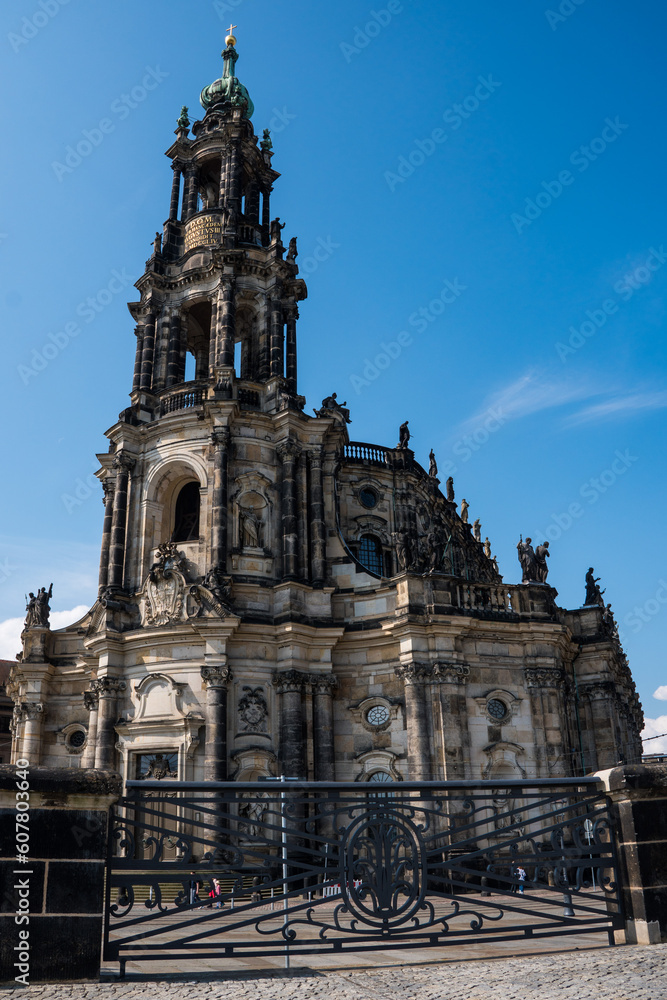 Hofkirche (Cathedral of the Holy Trinity) in Dresden, plain blue sky and white clouds