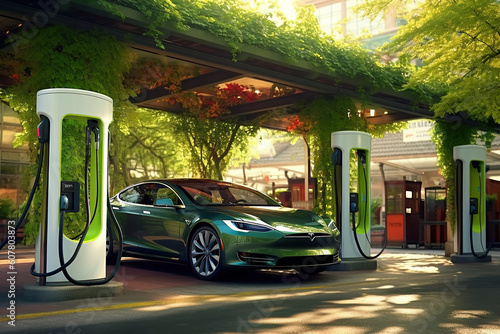 Electric car at e-car battery charging station surrounded with greenery.