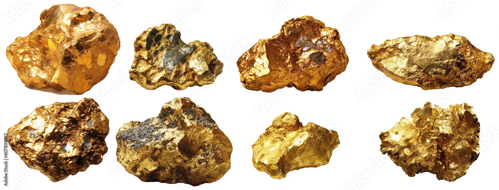 eight different beautiful gold nuggets on a transparent background, Generative AI eight different beautiful gold nuggets on a transparent background, Generative AI