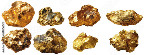 eight different beautiful gold nuggets on a transparent background, Generative AI