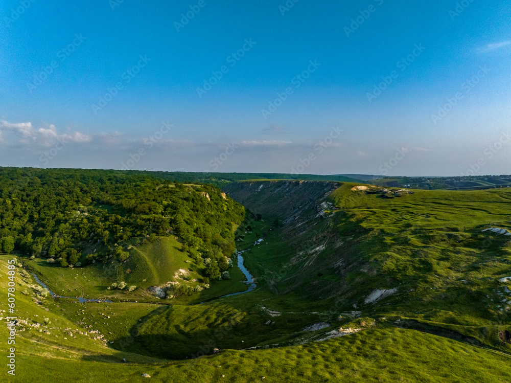 aerial view over la castel canyon during sunrise