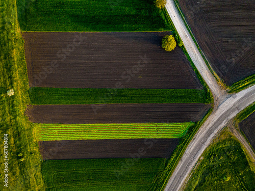 Obraz na płótnie aerial view of symmetrical parallel lines of cultivated field with 2 roads forming symbol V w salonie