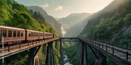 AI Generated. AI Generative. Photo realistic illustration of train mountaines green nature landscape. Graphic Art