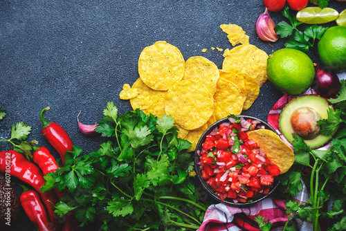 Spicy salsa sauce with tomatoes  chili peppers  onion  garlic and cilantro with nachos corn chips. Mexican food. Black table background  top view