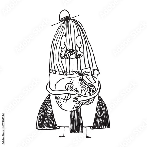 Rocket character in ski mask and hat with bag of money in hand drawn doodle style