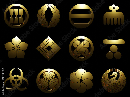 Japanese family crests.Golden symbol on a black background.KAMON.