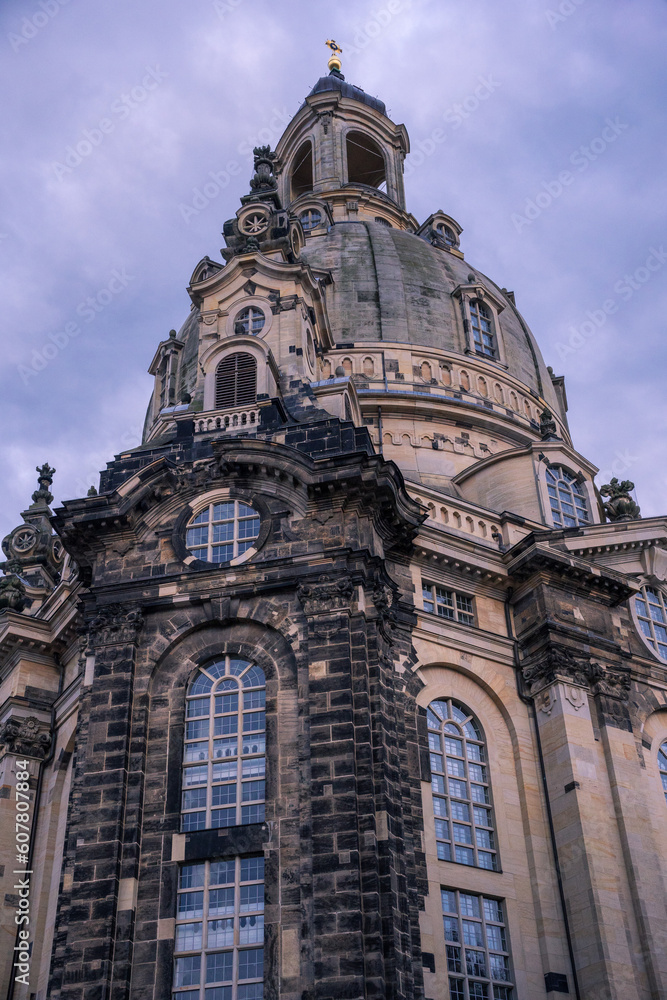 Evening view of the Frauenkirche in Dresden with a nicely coloured sky after rain