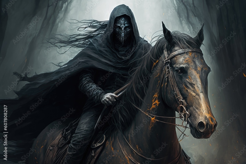 Halloween witch with black cloak riding a horse in a dark forest Halloween witch with black cloak riding a horse in a dark forest