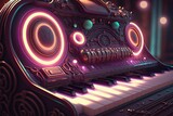 Retro piano in the dark room with glowing lights