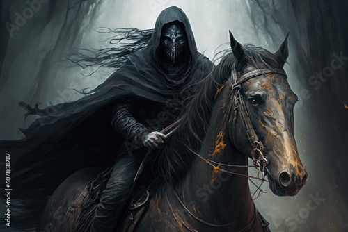 Halloween witch with black cloak riding a horse in a dark forest