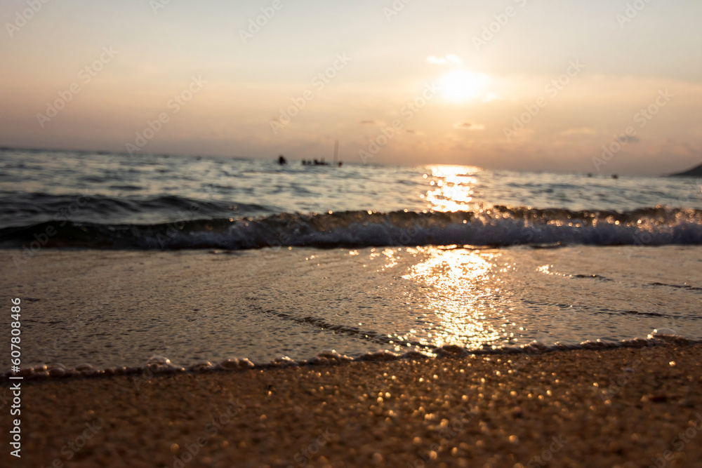 Beautiful sunset above sea. Vibrant and soft color magic light. Romantic time on vacation in tropical.