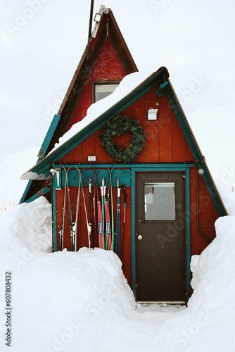 Red nordic cabin in Hatcher Pass, Alaska