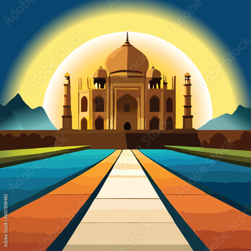 Taj Mahal at sunrise in Agra, India, vector, illustration, sunset, Muslim mosque, famous, world wonders, Taj Majal, cartoon, line art