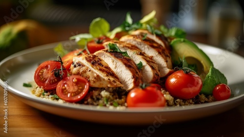 quinoa salad with cherry tomatoes, avocado, and grilled chicken on a white plate