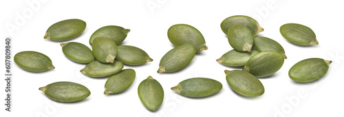 Pumpkin seeds set isolated on white background. Horizontal layout. Fresh and green
