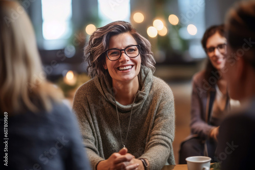 Professional therapist conducting a candid group session, showing genuine compassion and a comforting smile, emphasizing the importance of mental health and counseling, generative ai