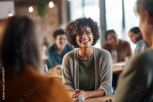 Professional therapist conducting a candid group session, showing genuine compassion and a comforting smile, emphasizing the importance of mental health and counseling, generative ai