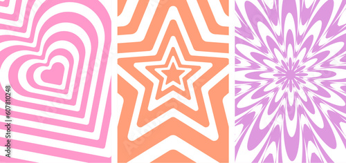 Vector geometric vintage background. Waves, swirl, twirl pattern with heart, flower, star.