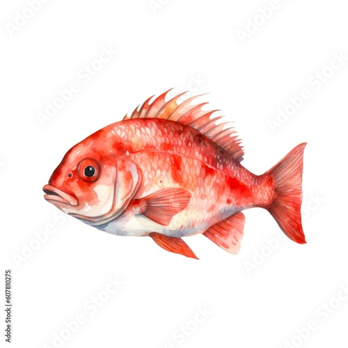 Red fish isolated on white background in watercolor style. Generative AI.