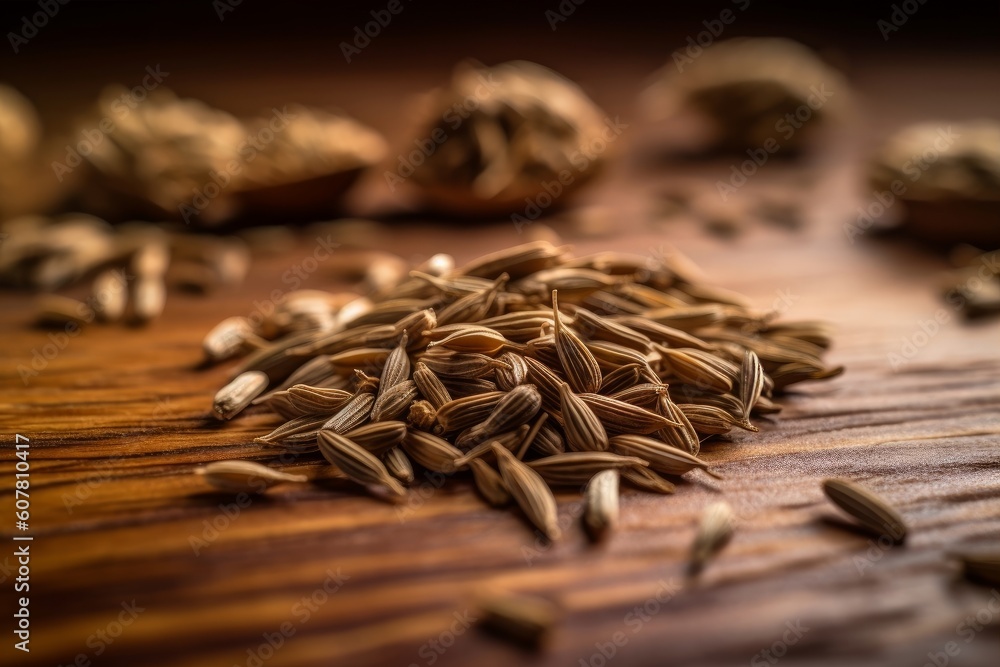 caraway seeds scattered on a wooden surface with natural light