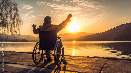 Disabled handicapped man has a hope. He is sitting on wheelchair and stretching hands at sunset. Generative Ai