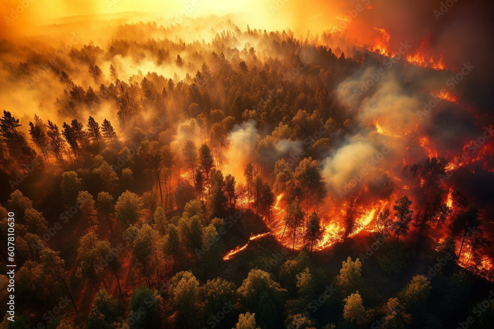 areal photography of forest on fire, Generative AI