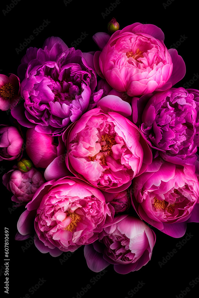 Peonies blooming, violet to bright pink. Generative AI Peonies blooming, violet to bright pink. Generative AI
