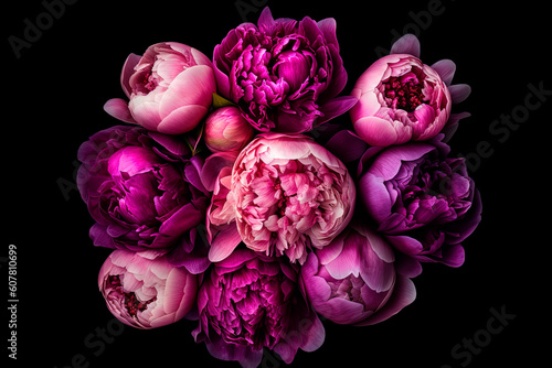 Peonies blooming  violet to bright pink. Generative AI